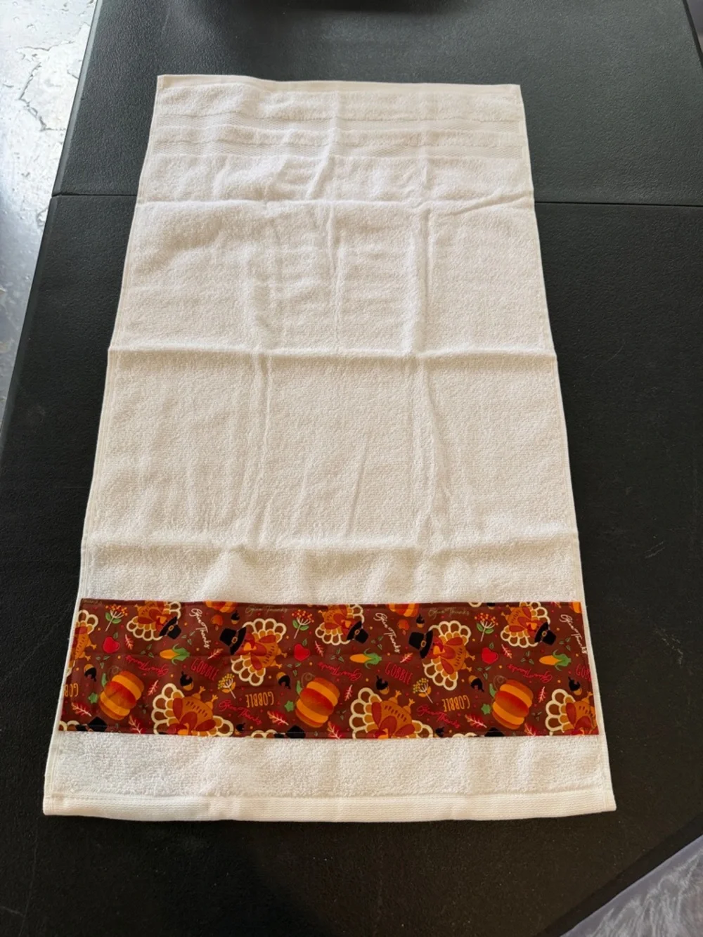 White Hand Towel with Autumn Turkey Print Accent